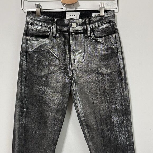 FRAME Le High Skinny Crop Pants 24 Chrome Noir Skinny Party Lyocell Club FLAW? - Picture 3 of 10
